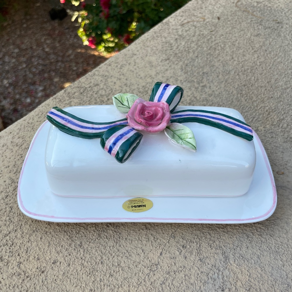 Seymour Mann Vintage Ribbon Rose Ceramic Covered Butter Dish